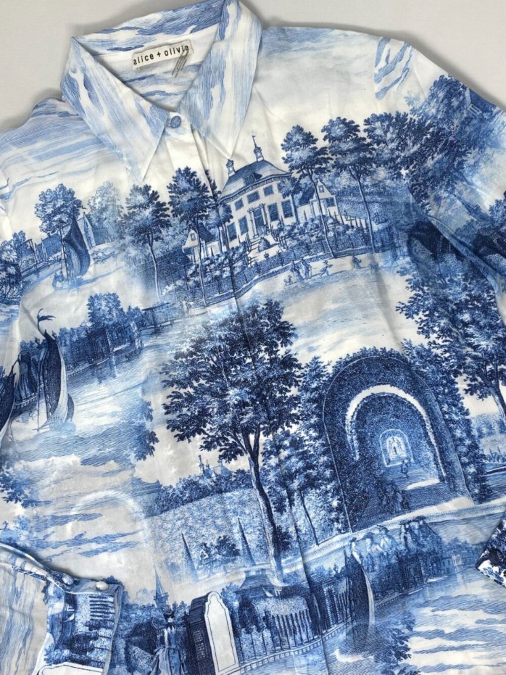 Alice + Olivia Willa Chateau Blue Silk Blouse Medium - Picture 5 of 11
